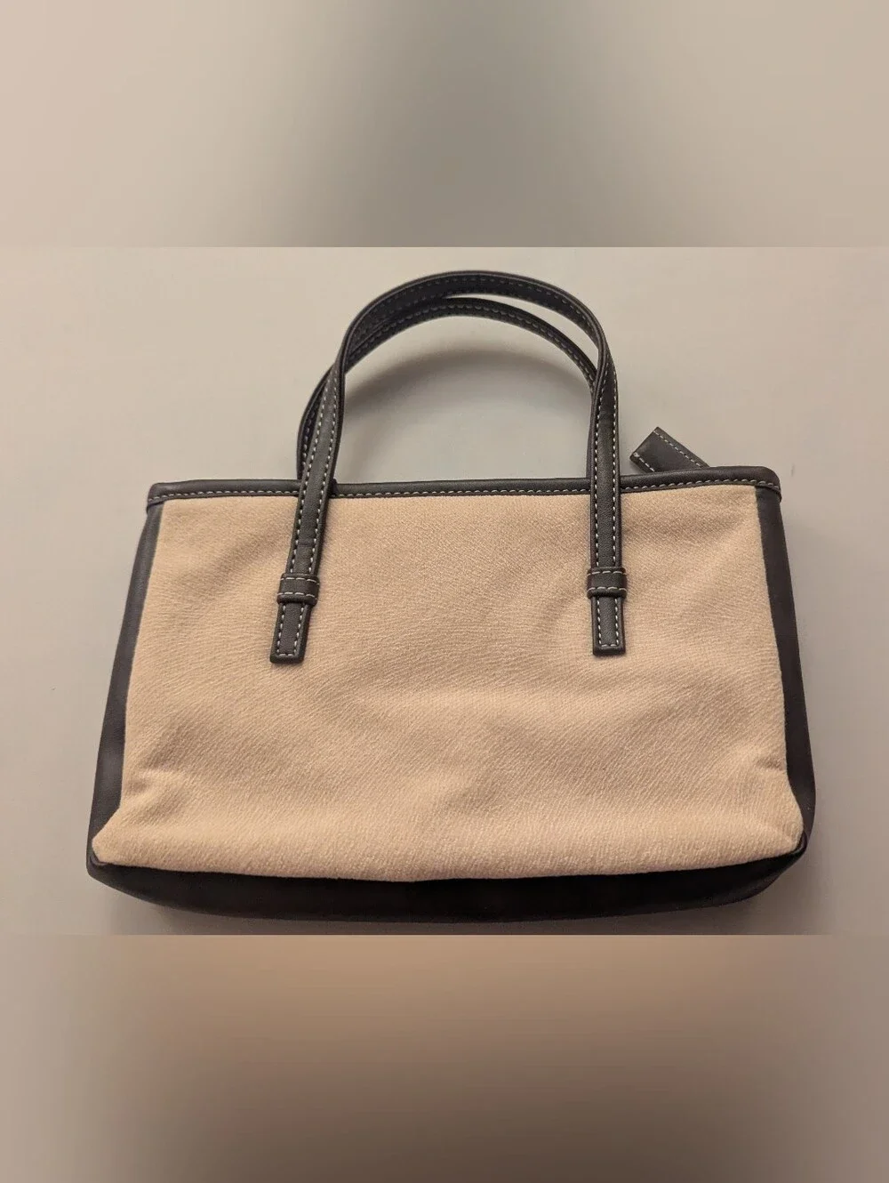 Lancome Beige Brushed Felt Brown Leather Trim Lined Zippered Clutch Tote 8.5